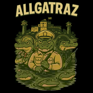 Angry alligator guards in front of swamp prison under bold “ALLGATRAZ” text