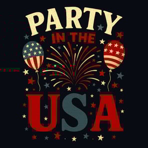 Vintage Party in the USA design with balloons, fireworks, and stars in red, white & blue