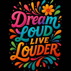Colorful text reading Dream Loud Live Louder with rainbow flourishes and a yellow flower accent