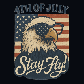 Bald eagle in sunglasses with American flag and 'Stay Fly' text in vintage style