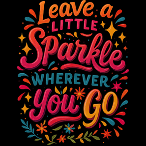 Rainbow gradient text saying Leave a Little Sparkle Wherever You Go with stars and florals