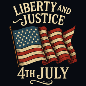 Vintage U.S. flag with 'Liberty and Justice' and '4th July' in bold serif text