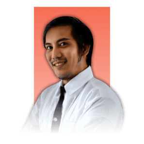"Confident man in white shirt and black tie standing against bold red background with arms crossed.