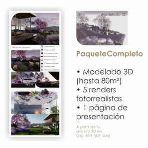 Paquete Completo: Modelado 3D (hasta 80m²), 5 renders fotorrealistas, 1 página de presentación