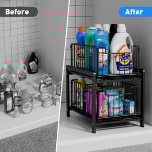 2 Tier Sliding Basket Drawer Organizer, Lxmons Pull Out Under Sink Cabinets Organizers, Metal Home Shelf for Bathroom or Kitc
