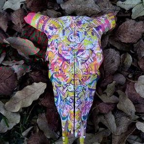peinture aux couleurs vives sur un crane sur un lit de feuilles mortes
