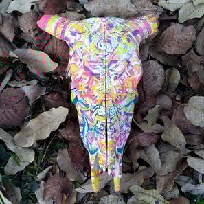 peinture aux couleurs vives sur un crane sur un lit de feuilles mortes