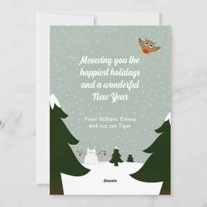 Cute customizable cat lover winter wonderland Christmas card with a snowcat, a mouse and an owl.
