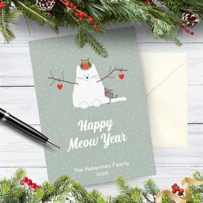 Cute customizable cat lover winter wonderland Christmas card with a snowcat, a mouse and an owl.