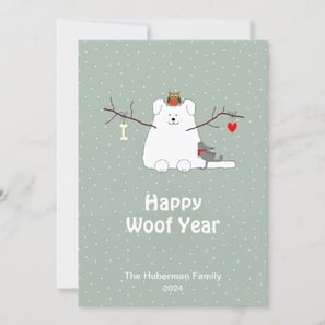 Cute customizable dog lover winter wonderland Christmas card with a snowdog, a mouse and an owl.