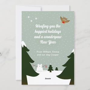 Cute customizable dog lover winter wonderland Christmas card with a snowdog, a mouse and an owl.