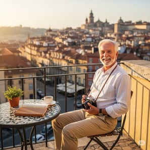 Un adulto consolidado sentado en un balcon de un pueblo magico sonriendo