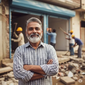 Imagen de un empresario de la construcción con sus trabajadores en la parte de atras