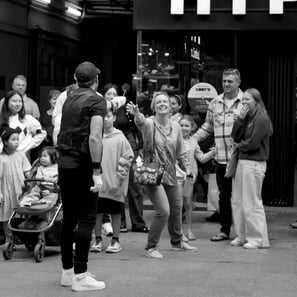 Street performer Mickey J by photographer Peter Pickering