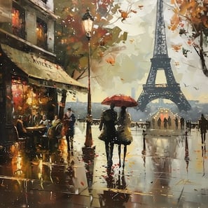 Oil painting of a couple under umbrella in Paris walking to Eiffel Tower.