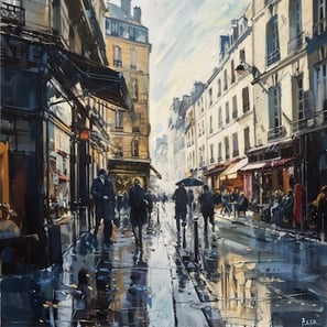 Oil painting of a city street scene in Paris.