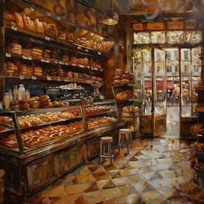 Oil painting of Paris boulangerie.