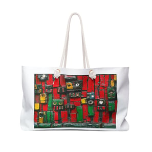 red wooden authentic print on white weekend bag