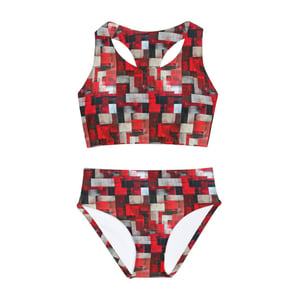 red, black and green abstract printed two piece swimsuit for girls