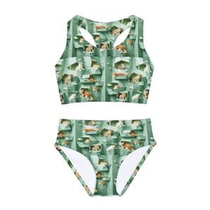 kitten printed on green, two piece swimsuit for girls