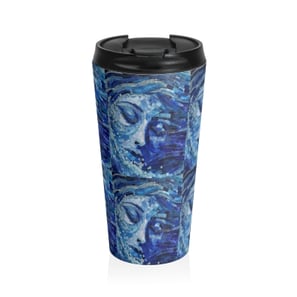 Blue mosaic print on stainless steel travel mug, to pair with the bag.