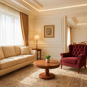 Classic living room with beige sofa, red tufted armchair, and wood coffee table