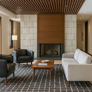 Mid-century style room with cream sofa, black chairs, grid rug, wood ceiling, and stone fireplace.