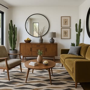 Mid-century room with olive sofa, wood chair, round mirror, credenza, cacti, and zigzag rug.