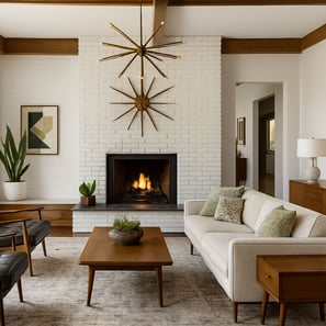 Cream Mid-Century sofa and walnut armchairs with black leather in front of a white brick fireplace.