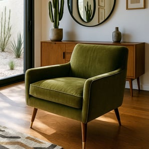 Olive green Mid-Century Modern chair with wood legs and styled rug