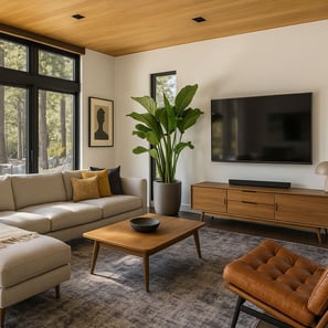 Bright Mid-Century living space with sectional, large windows, and warm wood ceiling