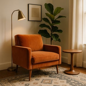 Burnt orange MidCentury accent chair with lamp and plant in cozy corner