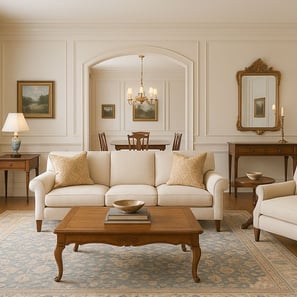 Traditional living room and dining room with neutral tones and classic furniture by Solo Home Decor.