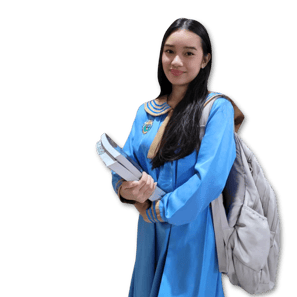 Female student model in school uniform with books, representing Shelomith Learning Center, Inc. high school.