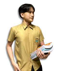 Male student model in school uniform holding books, representing Shelomith Learning Center, Inc. high school.
