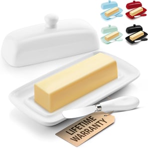 Zulay Butter Dish With Lid For Countertop - Porcelain White, Ceramic Butter Dish with Knob Handle Great for Cooking - Elegant