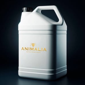 Contenedor blanco del producto de Animalia, logo en dorado
