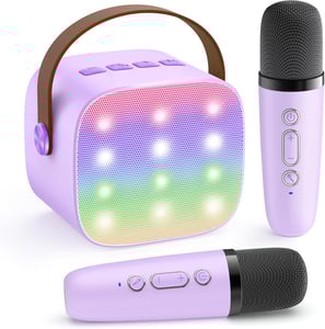 YLL Mini Kids Karaoke Machine in purple with 2 wireless microphones, Bluetooth connectivity, LED