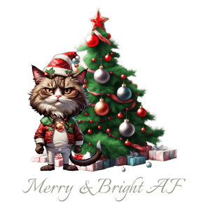 a cat sitting on a christmas tree with presents