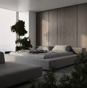 3D rendering of a modern bedroom with a grey bed, wood panel wall, plants, and concrete floor in a minimal design.