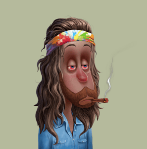 a Toker NFT with a beard, bloodshot eyes and a bandanna