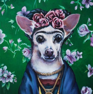 Painting of a chihuahua dressed like Frida Kahlo by New Orleans artist Melissa Vandiver.