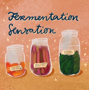 Rezeptillustration mit fermentiertem Gemüse in Einmachgläsern
