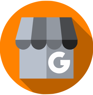 Google Business logo in shades of gray with orange circle background