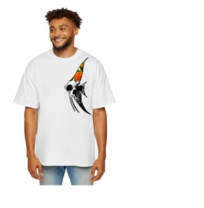 a man with a angel fish on a white t shirt