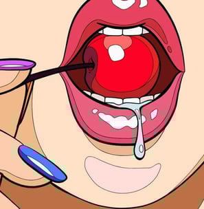 a woman with a cherry on her lips and mouth