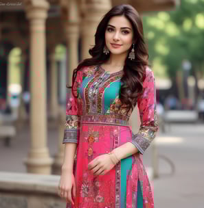 A woman wearing a traditional ethnic outfit with a long patterned red kurta and matching pants. The outfit features intricate geometric patterns and designs. She is also draped with a matching dupatta over her shoulder. The woman is standing near a large white vase containing greenery, and she is wearing hoop earrings and high heels.