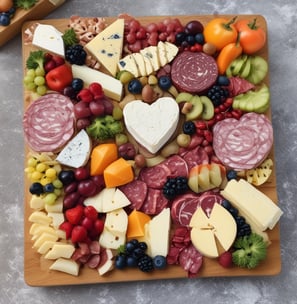 A richly stocked delicatessen displaying an array of cured meats, cheeses, and other gourmet foods. Various types of sausages and hams hang from the ceiling, while wheels of cheese and packaged goods are arranged on the countertop. There are shelves with wine bottles and boxes of pasta, creating a cozy and inviting atmosphere.