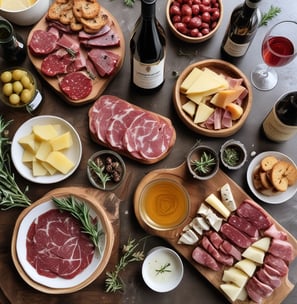 A wooden table displaying a plate of assorted charcuterie including prosciutto, salami, and cheese alongside a small dish of honey with a cinnamon stick. Next to the plate is a basket with slices of rustic bread. A glass of red wine is placed beside the basket, completing the setting.