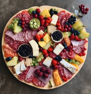 An assortment of artisanal bread and cured meats is arranged on a rustic wooden surface. The bread loaves are dark and crusty, with one loaf featuring visible olives. They are accompanied by a large piece of cured meat, displaying fine marbling and intricate cutting lines.